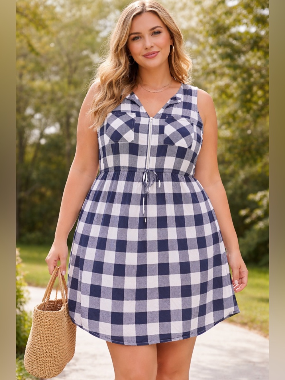 Torrid Navy White Buffalo Check Midi Dress 3X Plaid Sleeveless Tie Waist Casual